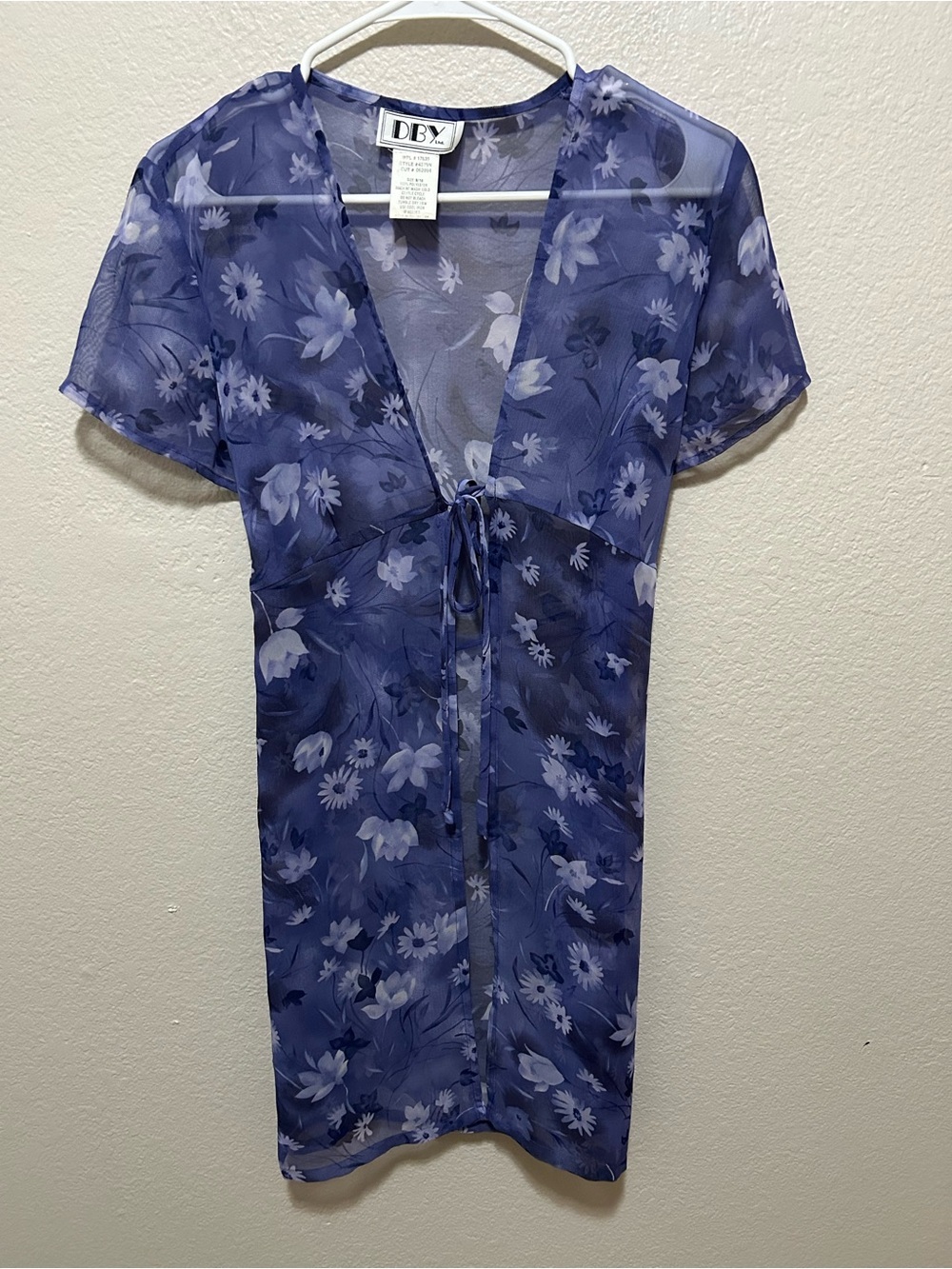 Vintage DBY Sheer Blue Floral Mesh Duster Cover Up Dress S M